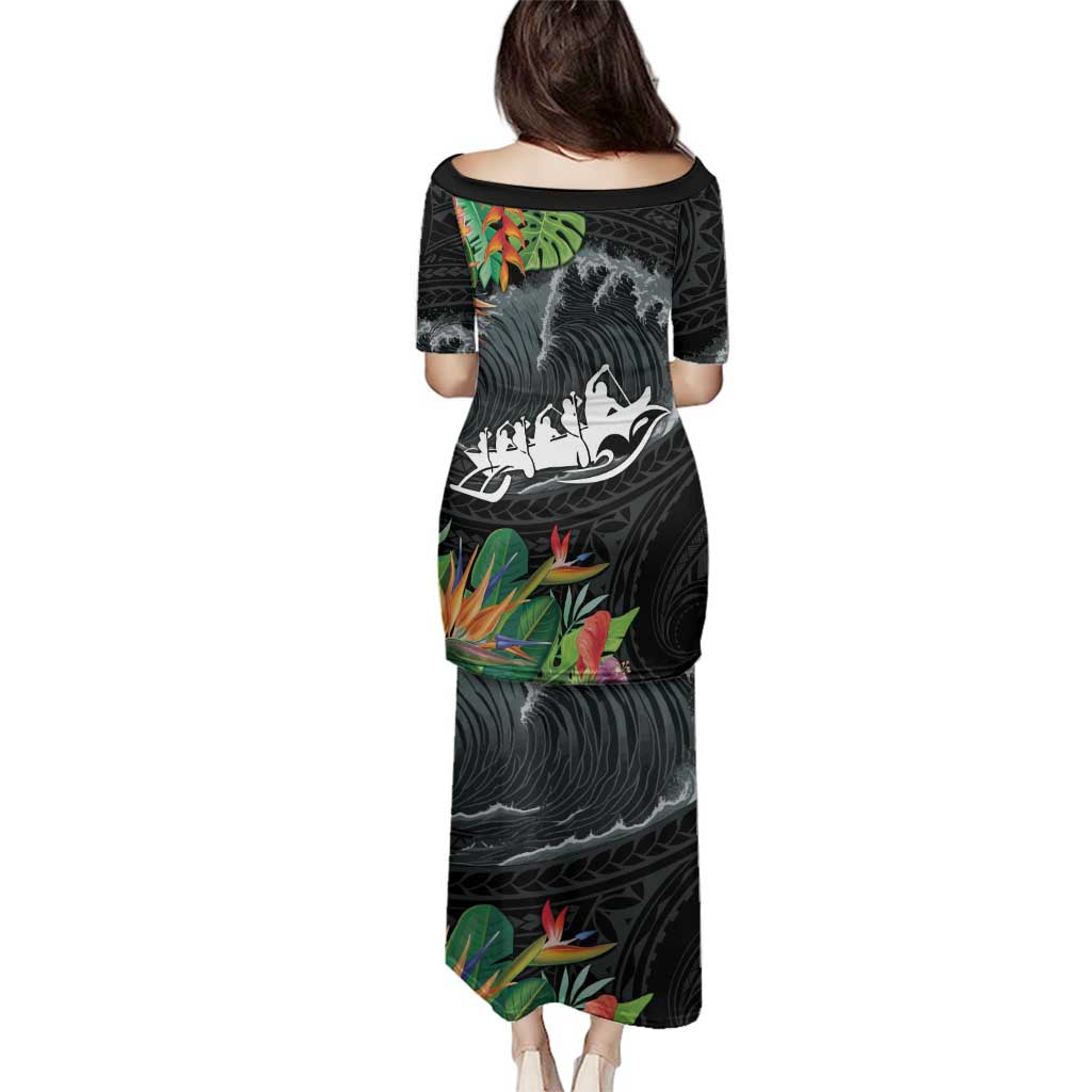 Outrigger Canoe Black Family Matching Puletasi and Hawaiian Shirt On The Waves LT7 - Polynesian Pride
