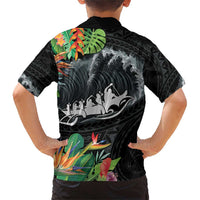 Outrigger Canoe Black Family Matching Short Sleeve Bodycon Dress and Hawaiian Shirt On The Waves LT7 - Polynesian Pride