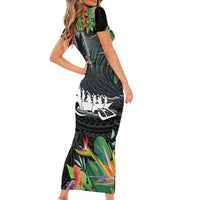 Outrigger Canoe Black Family Matching Short Sleeve Bodycon Dress and Hawaiian Shirt On The Waves LT7 - Polynesian Pride