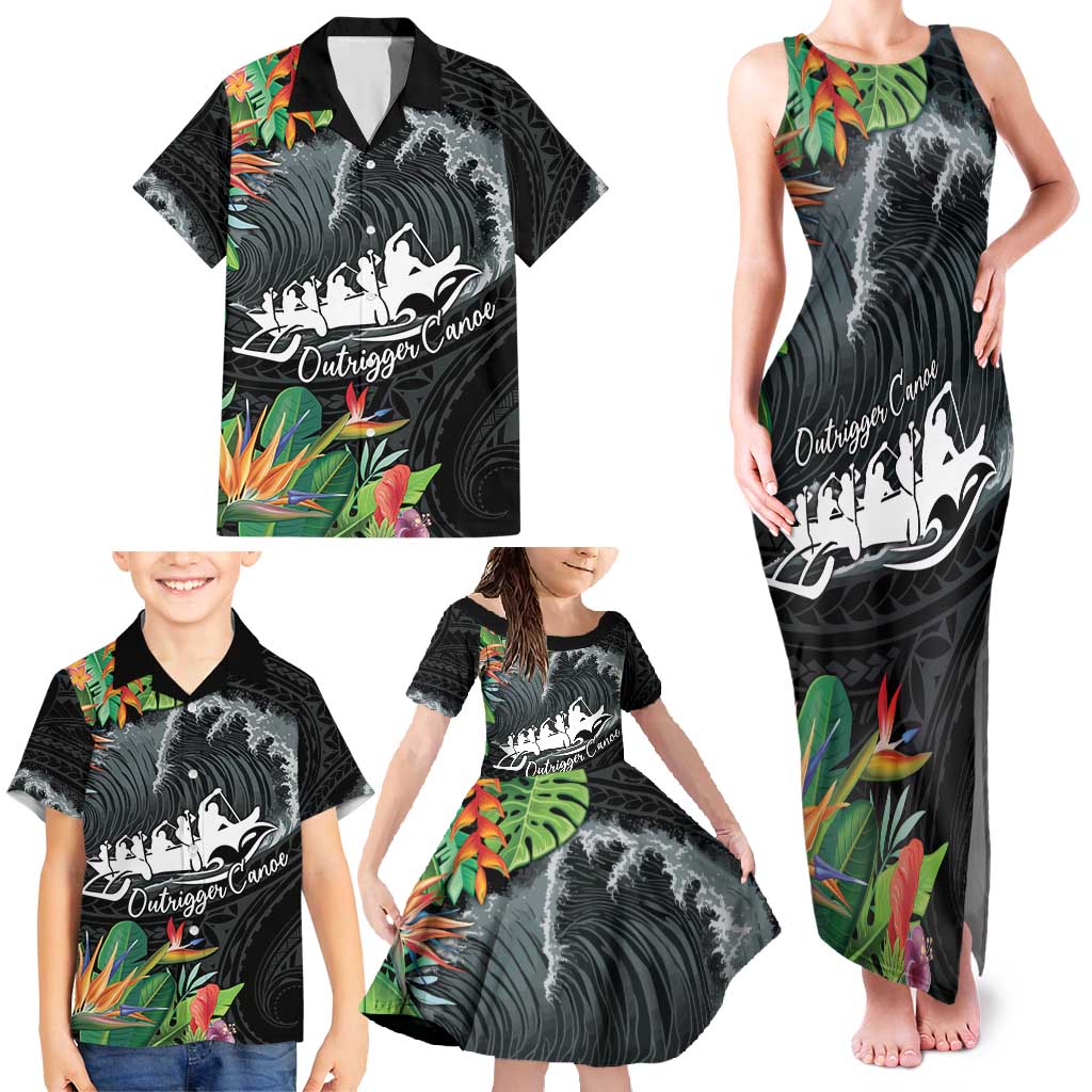 Outrigger Canoe Black Family Matching Tank Maxi Dress and Hawaiian Shirt On The Waves