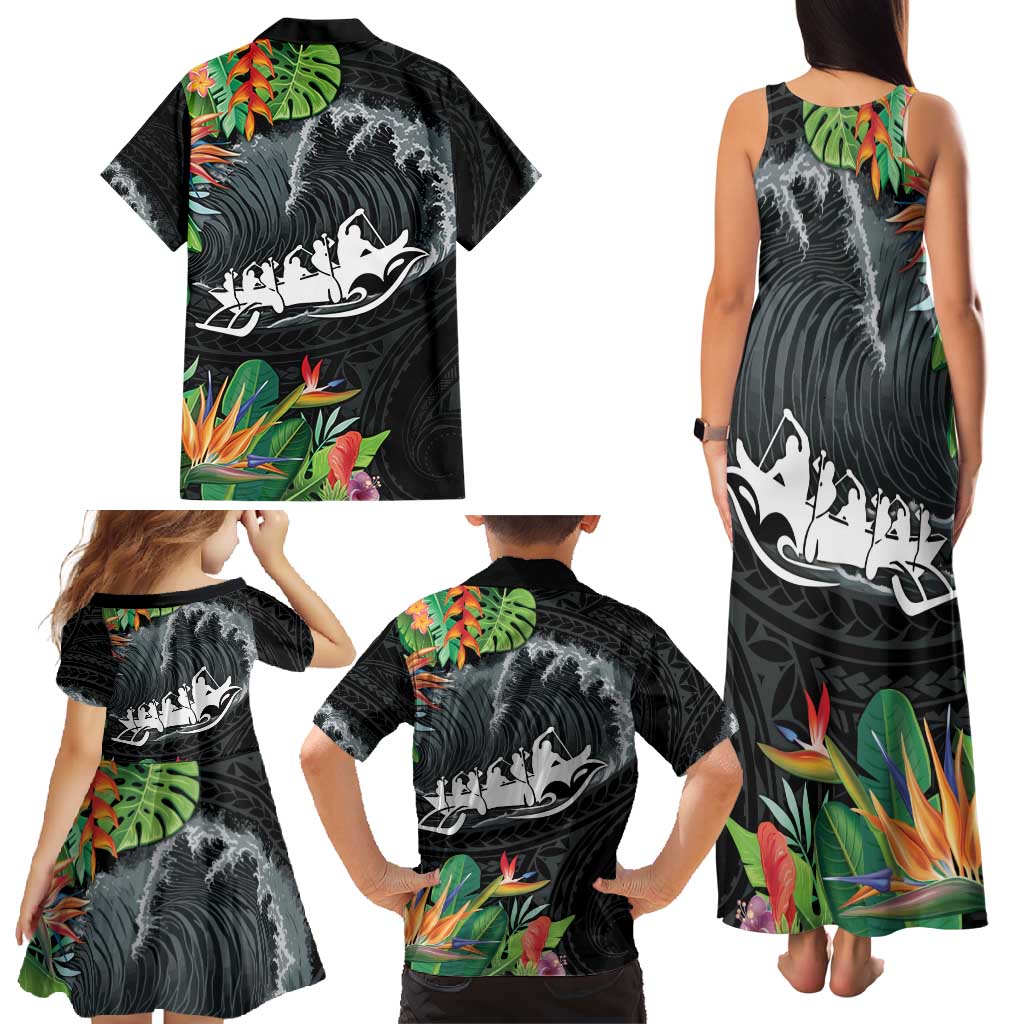 Outrigger Canoe Black Family Matching Tank Maxi Dress and Hawaiian Shirt On The Waves