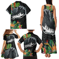 Outrigger Canoe Black Family Matching Tank Maxi Dress and Hawaiian Shirt On The Waves