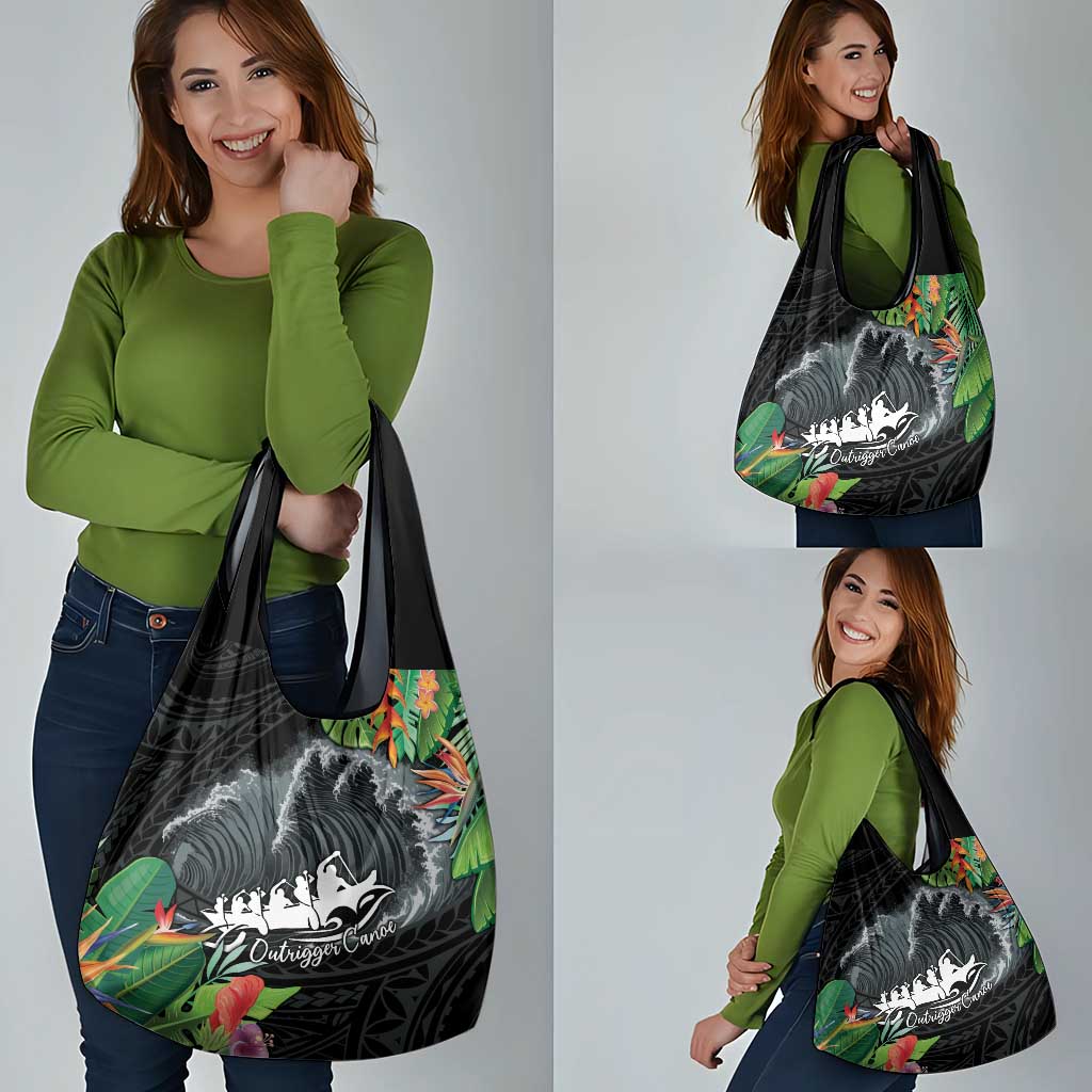 Outrigger Canoe Black Grocery Bag On The Waves