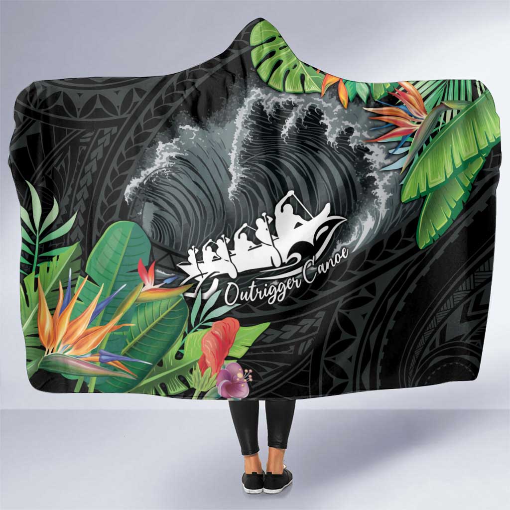 Outrigger Canoe Black Hooded Blanket On The Waves