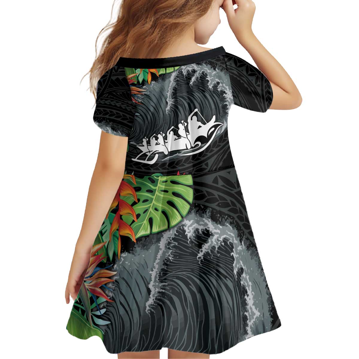 Outrigger Canoe Black Kid Short Sleeve Dress On The Waves