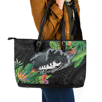Outrigger Canoe Black Leather Tote Bag On The Waves