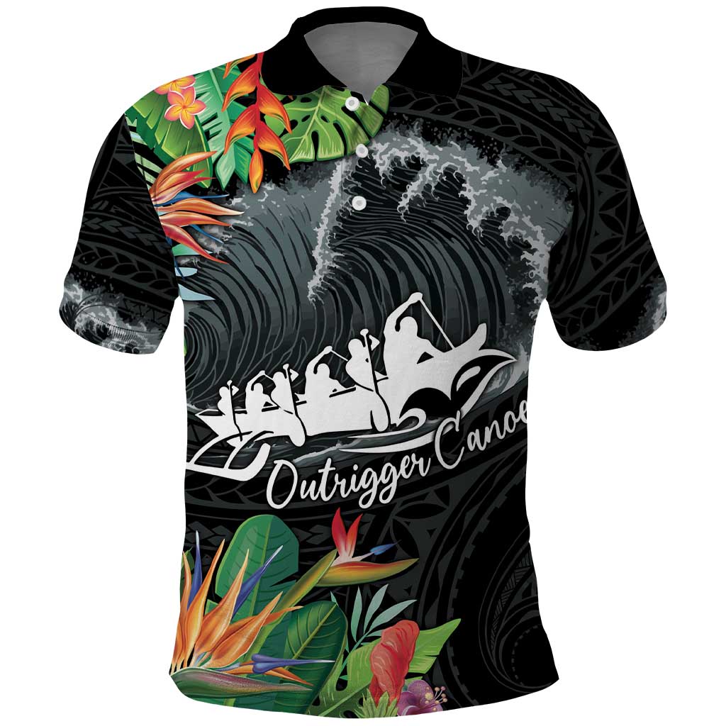 Outrigger Canoe Black Polo Shirt On The Waves