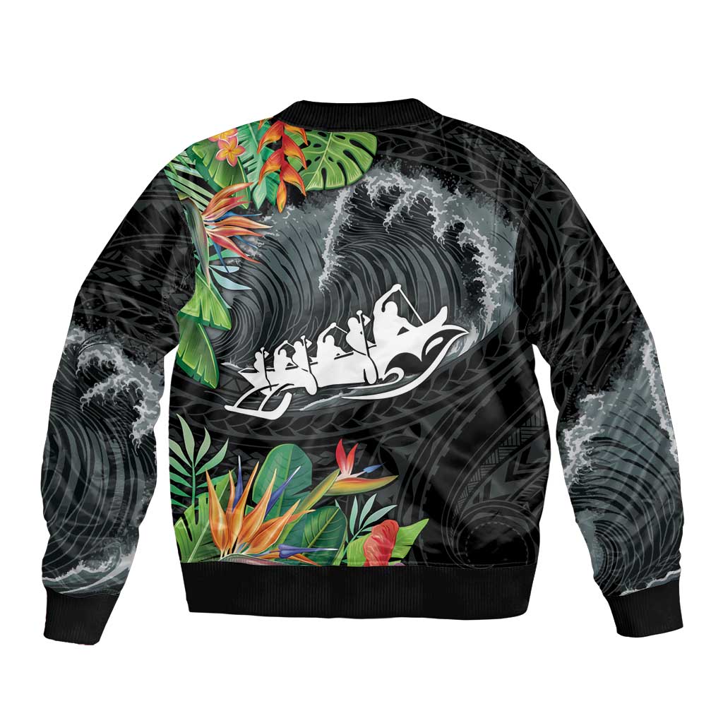 Outrigger Canoe Black Sleeve Zip Bomber Jacket On The Waves LT7 - Polynesian Pride