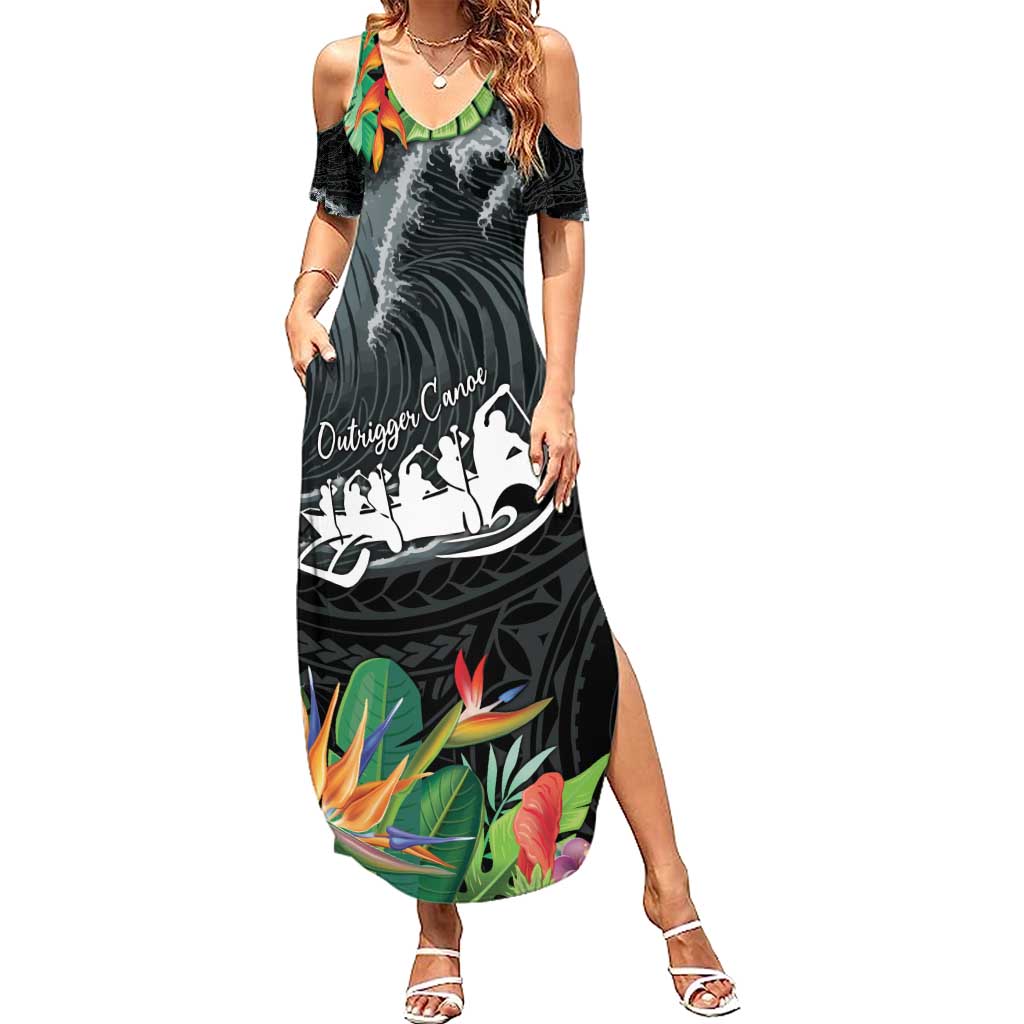 Outrigger Canoe Black Summer Maxi Dress On The Waves