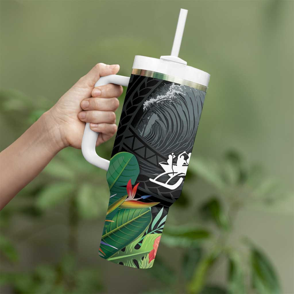 Outrigger Canoe Black Tumbler With Handle On The Waves