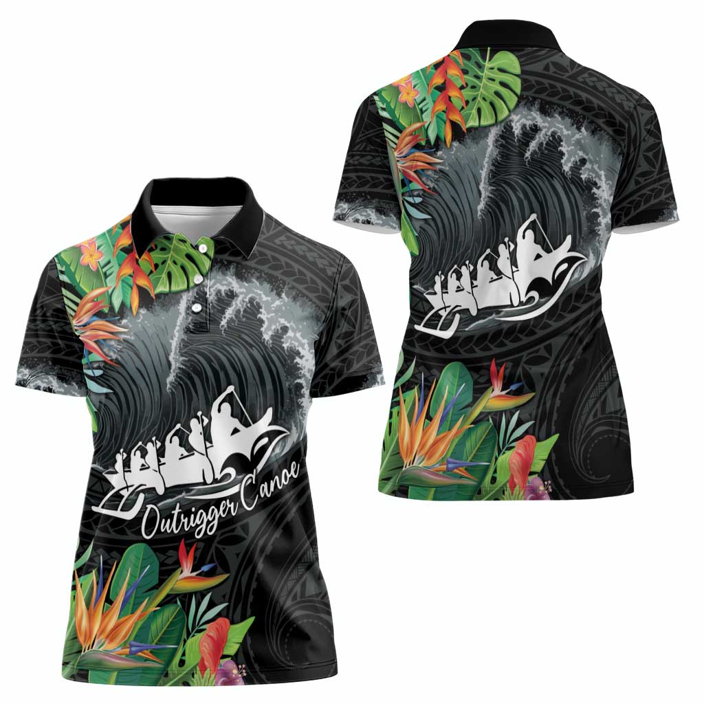 Outrigger Canoe Black Women Polo Shirt On The Waves