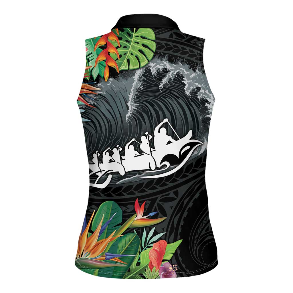 Outrigger Canoe Black Women Sleeveless Polo Shirt On The Waves LT7 - Polynesian Pride
