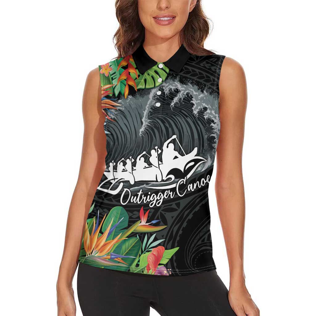 Outrigger Canoe Black Women Sleeveless Polo Shirt On The Waves LT7 - Polynesian Pride