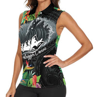 Outrigger Canoe Black Women Sleeveless Polo Shirt On The Waves LT7 - Polynesian Pride