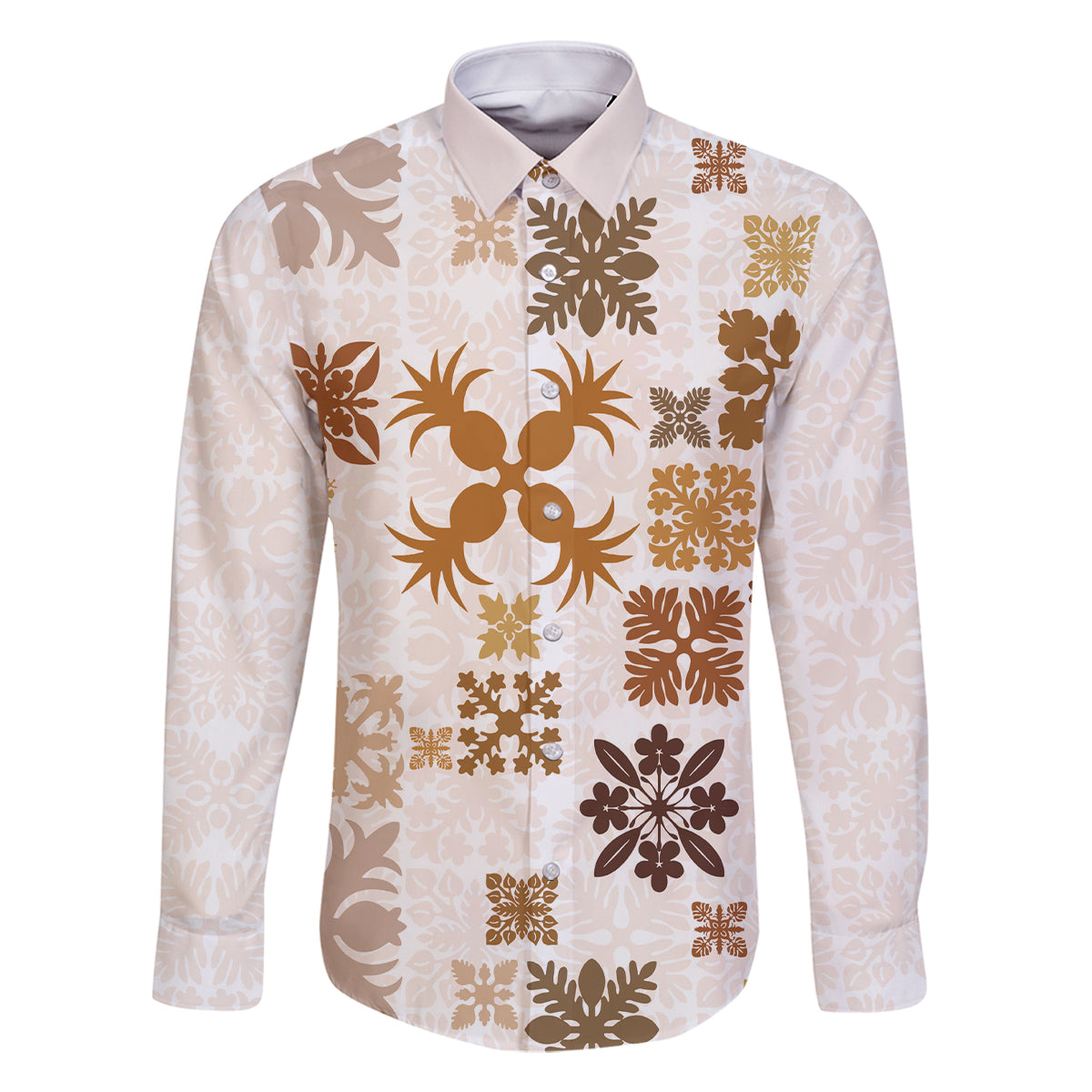 Vintage Hawaii Family Matching Long Sleeve Bodycon Dress and Hawaiian Shirt Hawaiian Quilt Kapa Mismatch Beige LT7 Dad's Shirt - Long Sleeve Beige - Polynesian Pride