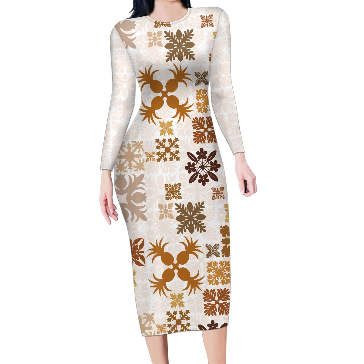 Vintage Hawaii Family Matching Long Sleeve Bodycon Dress and Hawaiian Shirt Hawaiian Quilt Kapa Mismatch Beige LT7 Mom's Dress Beige - Polynesian Pride