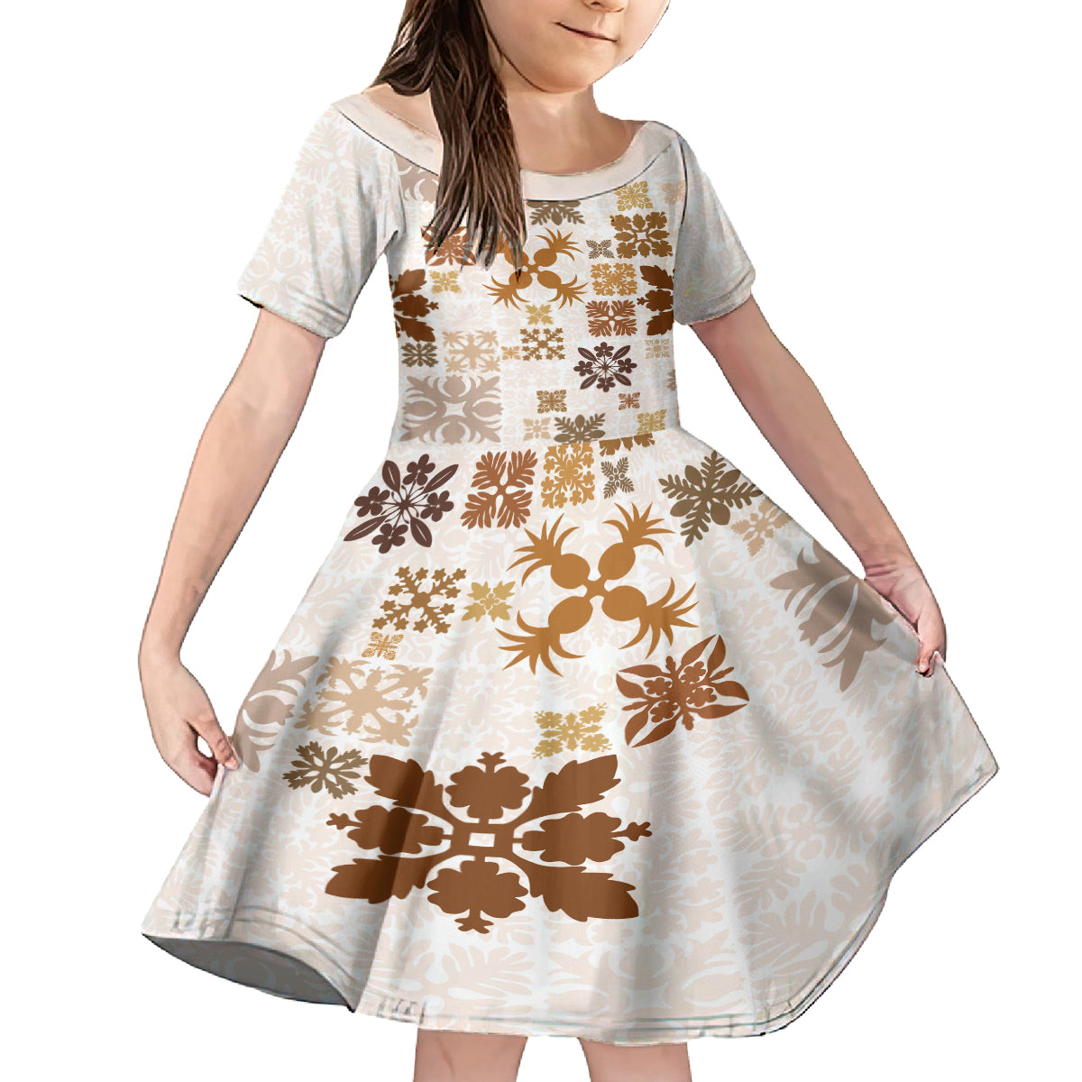 Vintage Hawaii Family Matching Puletasi Dress and Hawaiian Shirt Hawaiian Quilt Kapa Mismatch Beige LT7 Daughter's Dress Beige - Polynesian Pride