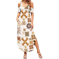 Vintage Hawaii Family Matching Summer Maxi Dress and Hawaiian Shirt Hawaiian Quilt Kapa Mismatch Beige LT7 Mom's Dress Beige - Polynesian Pride