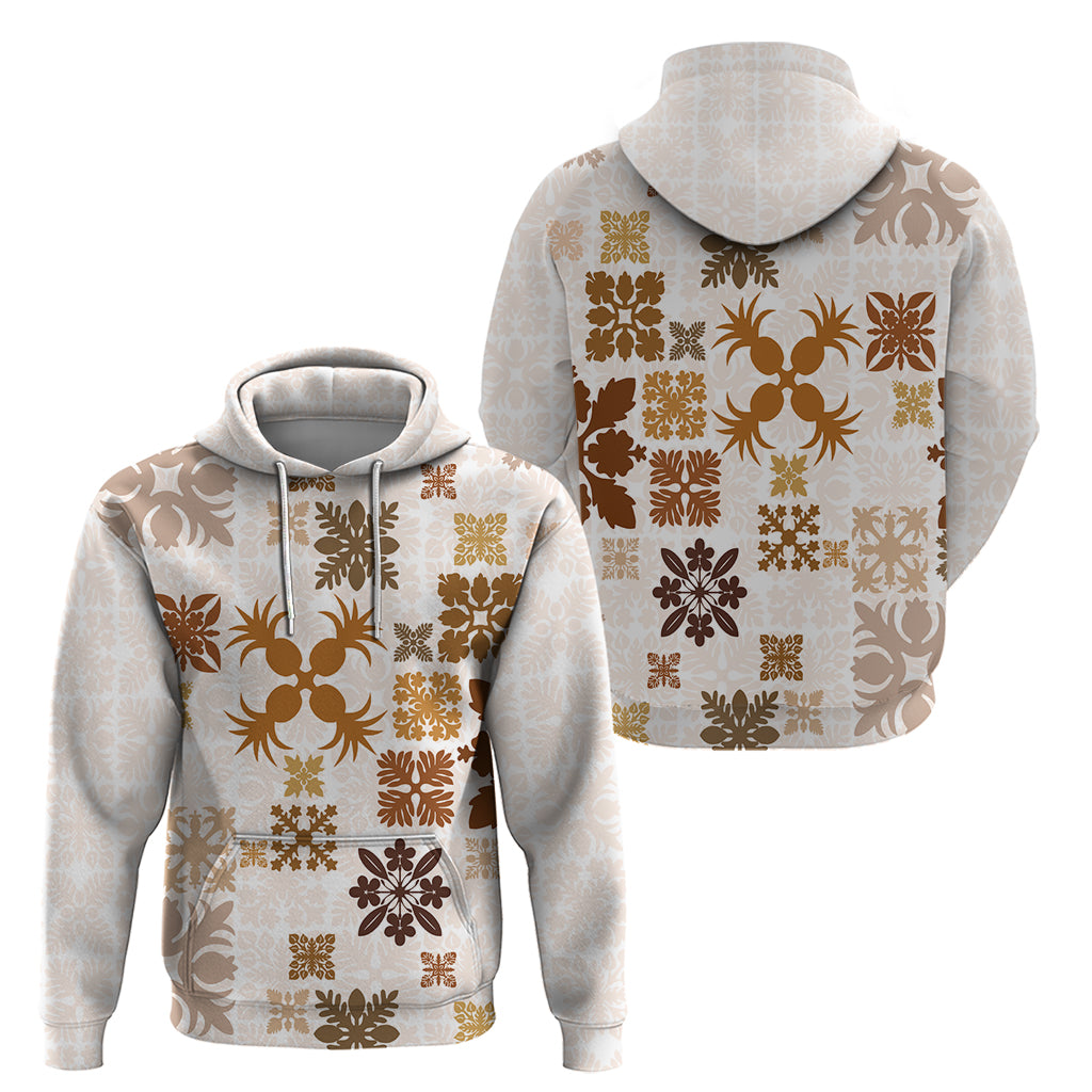 Vintage Hawaii Hoodie Hawaiian Quilt Kapa Mismatch Beige LT7 - Polynesian Pride