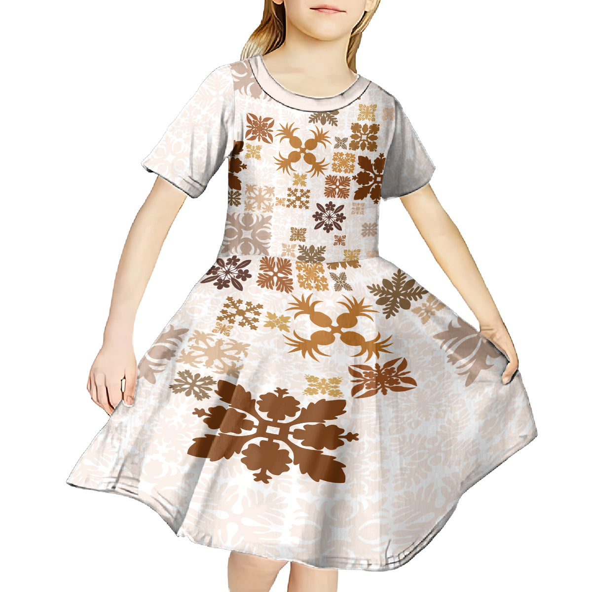 Vintage Hawaii Kid Short Sleeve Dress Hawaiian Quilt Kapa Mismatch Beige LT7 - Polynesian Pride