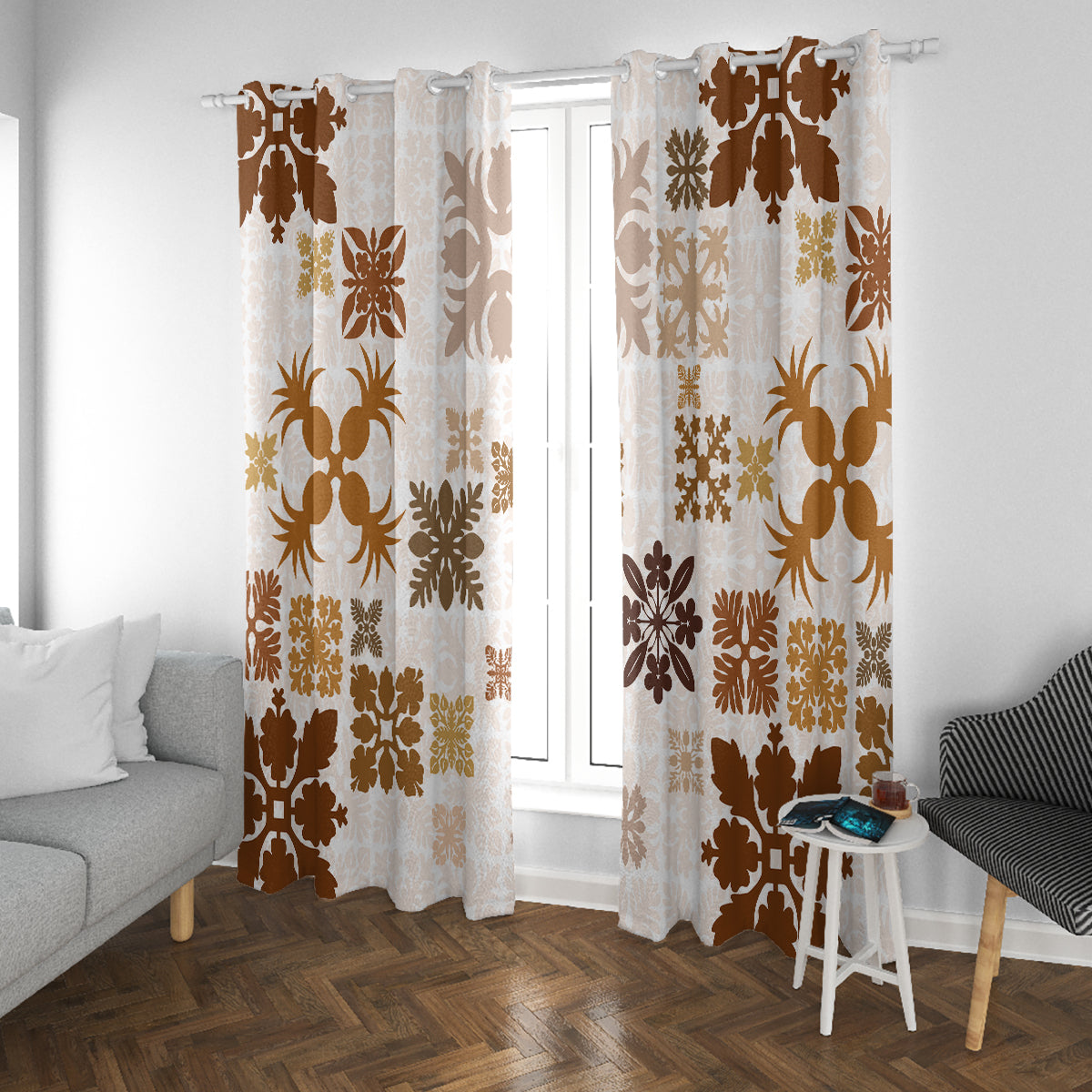 Vintage Hawaii Window Curtain Hawaiian Quilt Kapa Mismatch Beige LT7 With Grommets Beige - Polynesian Pride