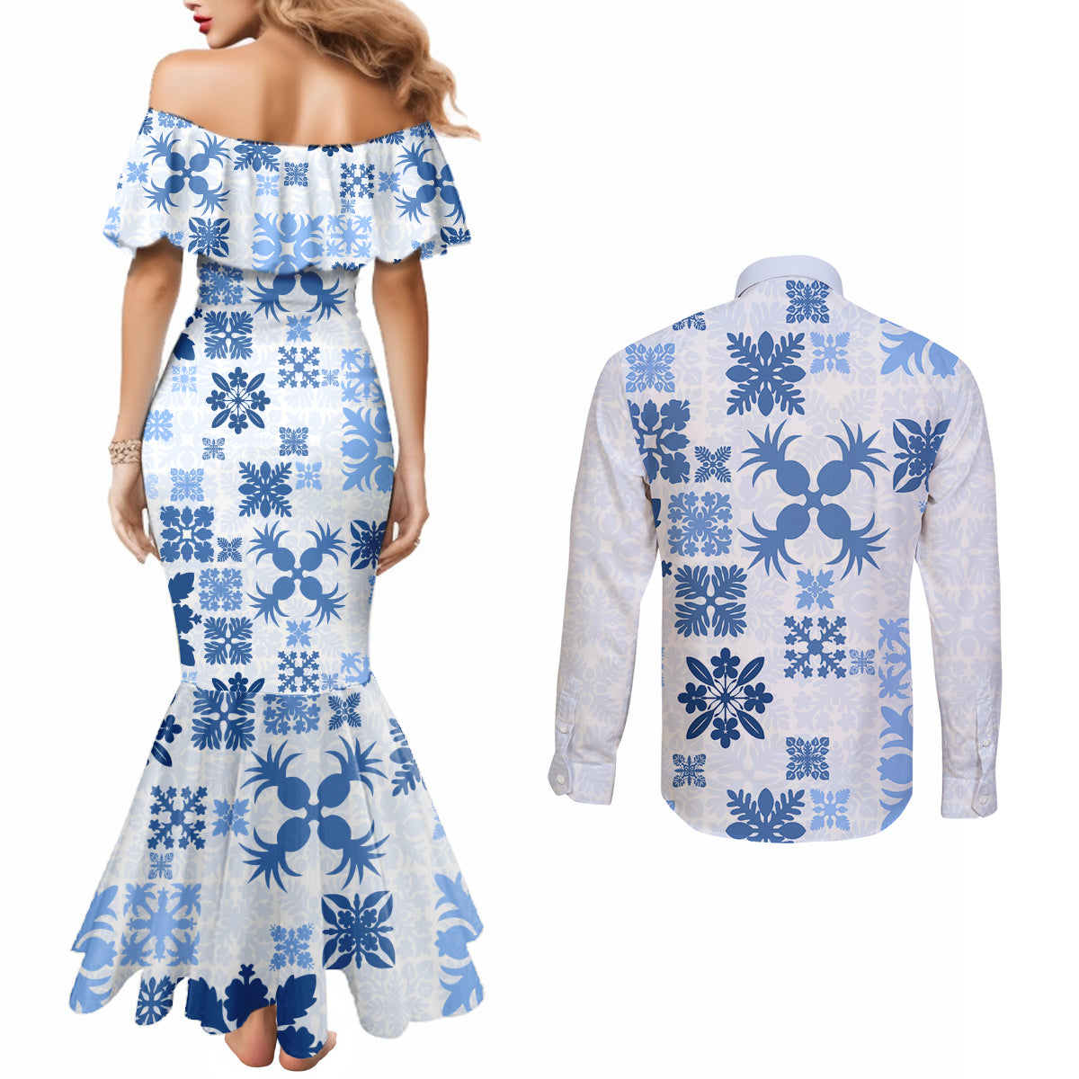 Vintage Hawaii Couples Matching Mermaid Dress and Long Sleeve Button Shirts Hawaiian Quilt Kapa Mismatch Blue LT7 - Polynesian Pride