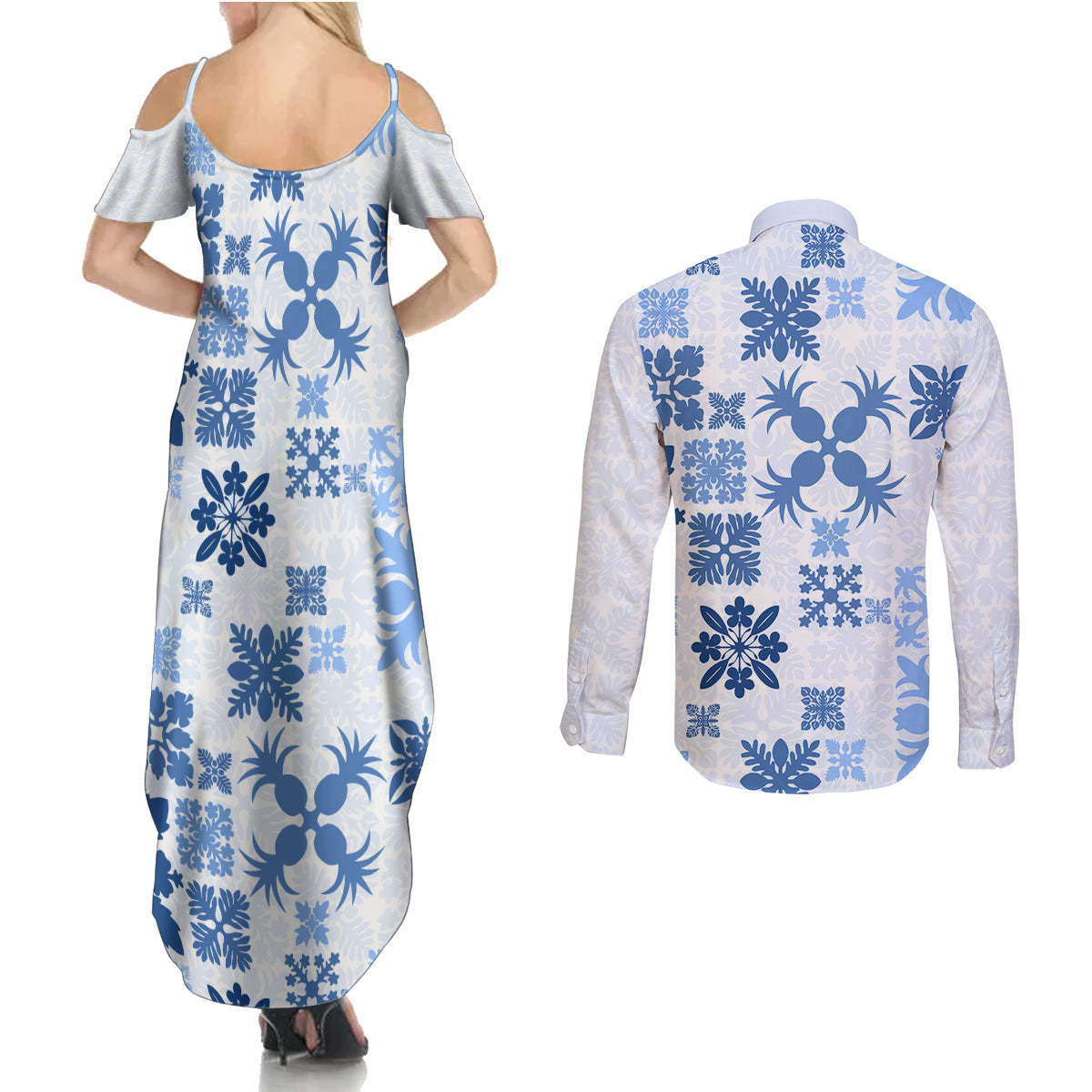 Vintage Hawaii Couples Matching Summer Maxi Dress and Long Sleeve Button Shirts Hawaiian Quilt Kapa Mismatch Blue LT7 - Polynesian Pride