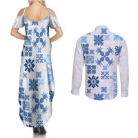 Vintage Hawaii Couples Matching Summer Maxi Dress and Long Sleeve Button Shirts Hawaiian Quilt Kapa Mismatch Blue LT7 - Polynesian Pride