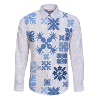 Vintage Hawaii Family Matching Off Shoulder Long Sleeve Dress and Hawaiian Shirt Hawaiian Quilt Kapa Mismatch Blue LT7 Dad's Shirt - Long Sleeve Blue - Polynesian Pride