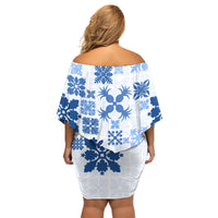 Vintage Hawaii Family Matching Off Shoulder Short Dress and Hawaiian Shirt Hawaiian Quilt Kapa Mismatch Blue LT7 - Polynesian Pride