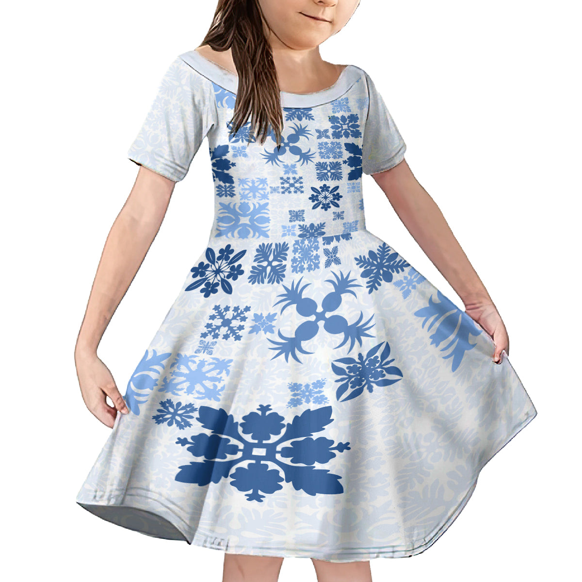 Vintage Hawaii Family Matching Summer Maxi Dress and Hawaiian Shirt Hawaiian Quilt Kapa Mismatch Blue LT7 Daughter's Dress Blue - Polynesian Pride