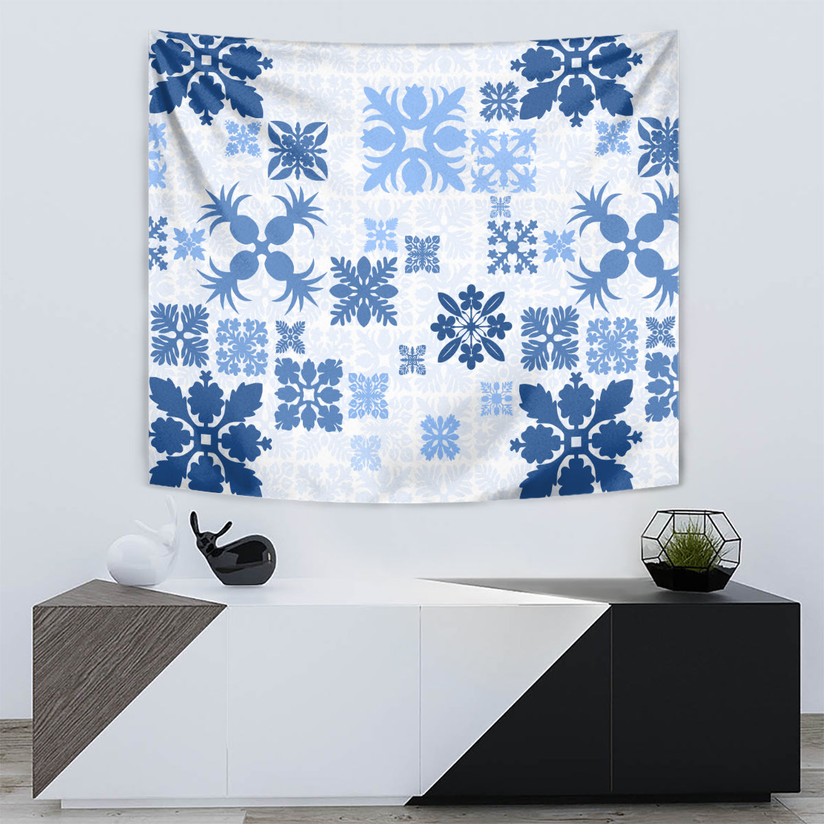 Vintage Hawaii Tapestry Hawaiian Quilt Kapa Mismatch Blue LT7 - Polynesian Pride