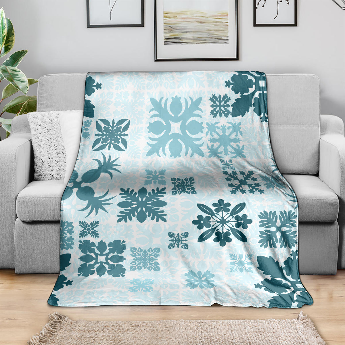 Vintage Hawaii Blanket Hawaiian Quilt Kapa Mismatch Teal LT7 - Polynesian Pride