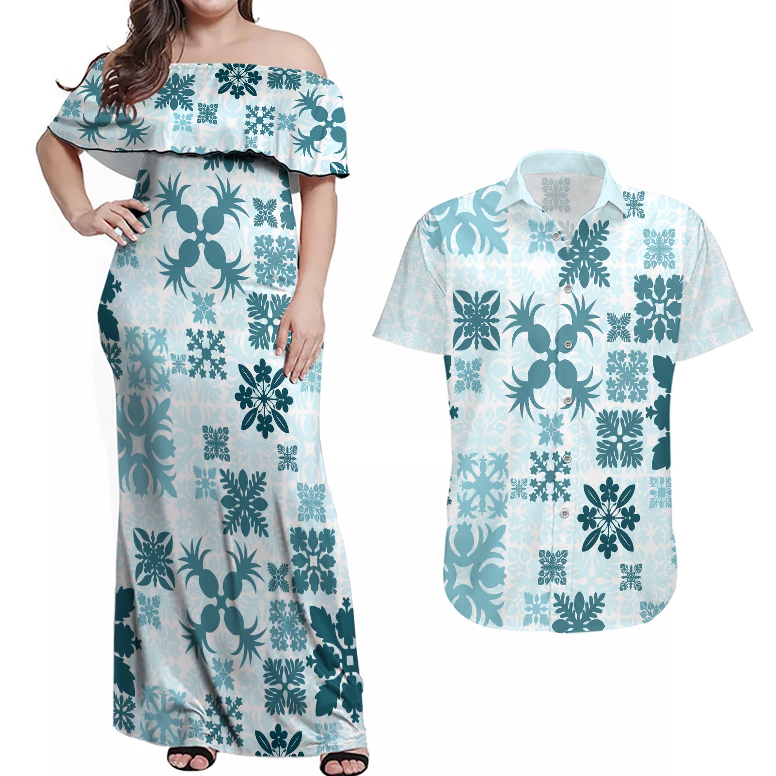 Vintage Hawaii Couples Matching Off Shoulder Maxi Dress and Hawaiian Shirt Hawaiian Quilt Kapa Mismatch Teal LT7 Teal - Polynesian Pride