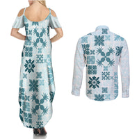 Vintage Hawaii Couples Matching Summer Maxi Dress and Long Sleeve Button Shirts Hawaiian Quilt Kapa Mismatch Teal LT7 - Polynesian Pride