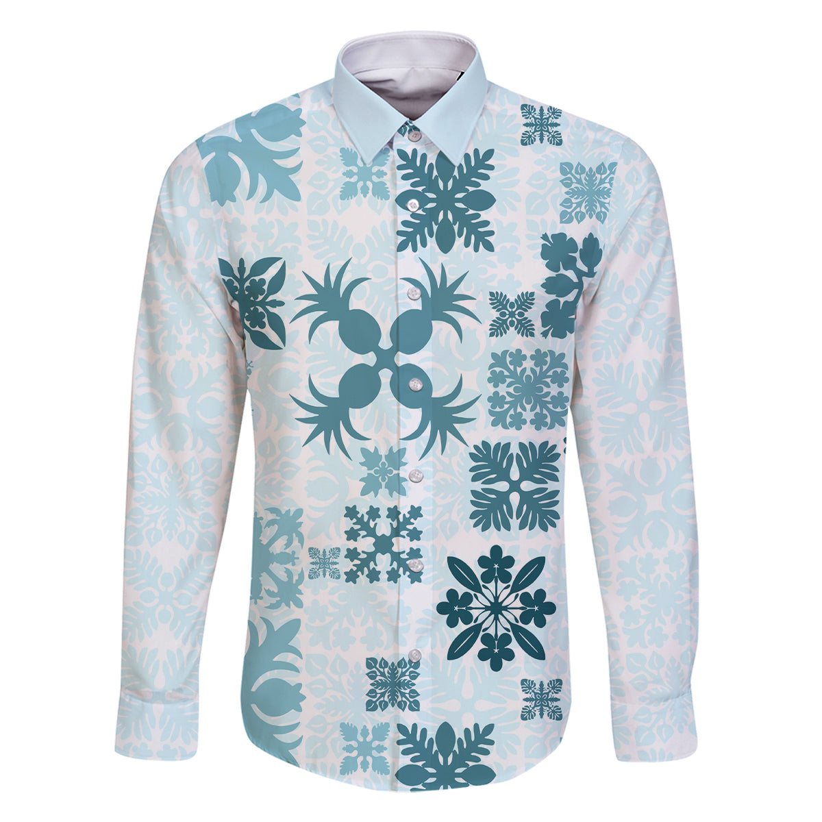 Vintage Hawaii Family Matching Off Shoulder Long Sleeve Dress and Hawaiian Shirt Hawaiian Quilt Kapa Mismatch Teal LT7 Dad's Shirt - Long Sleeve Teal - Polynesian Pride