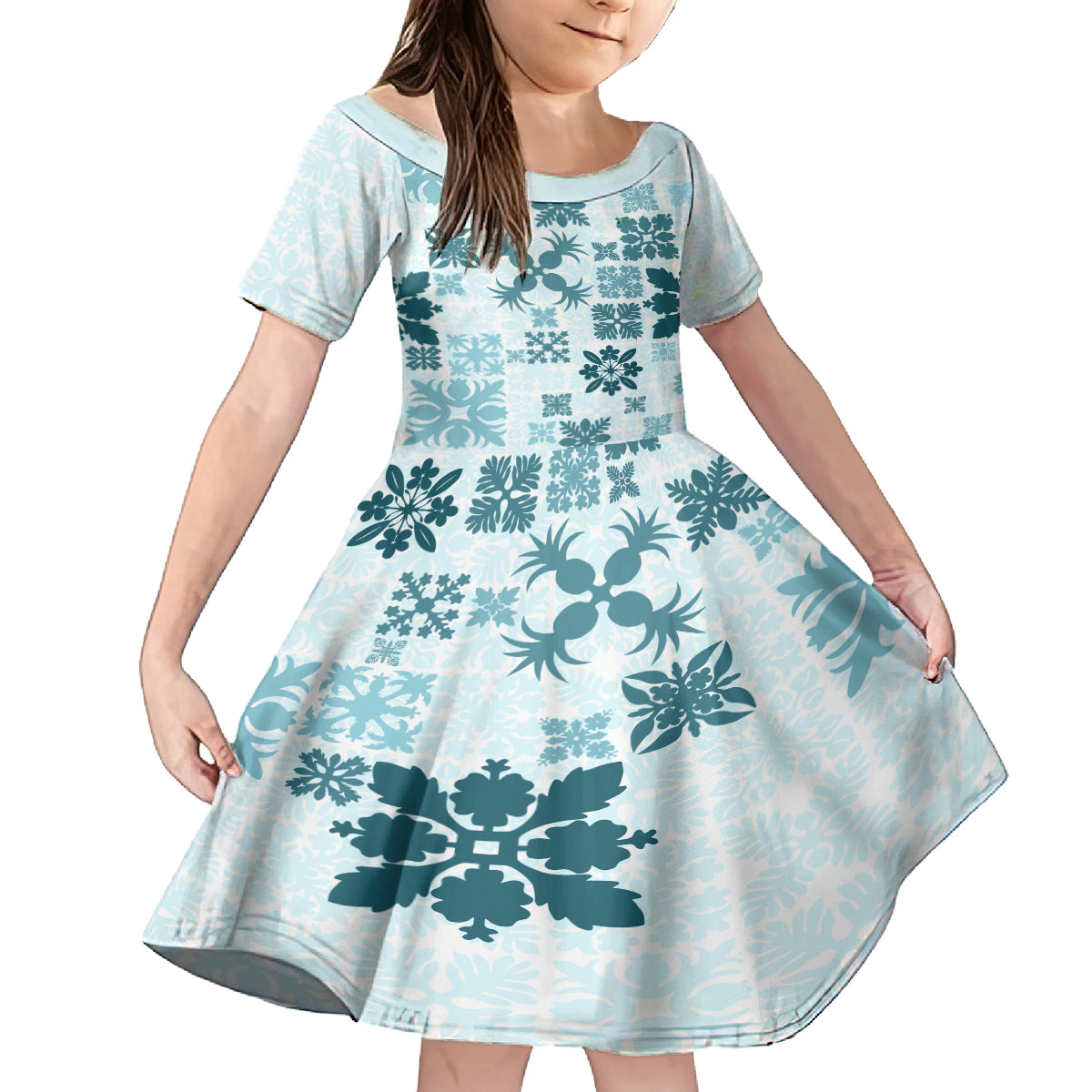 Vintage Hawaii Family Matching Tank Maxi Dress and Hawaiian Shirt Hawaiian Quilt Kapa Mismatch Teal LT7 Daughter's Dress Teal - Polynesian Pride