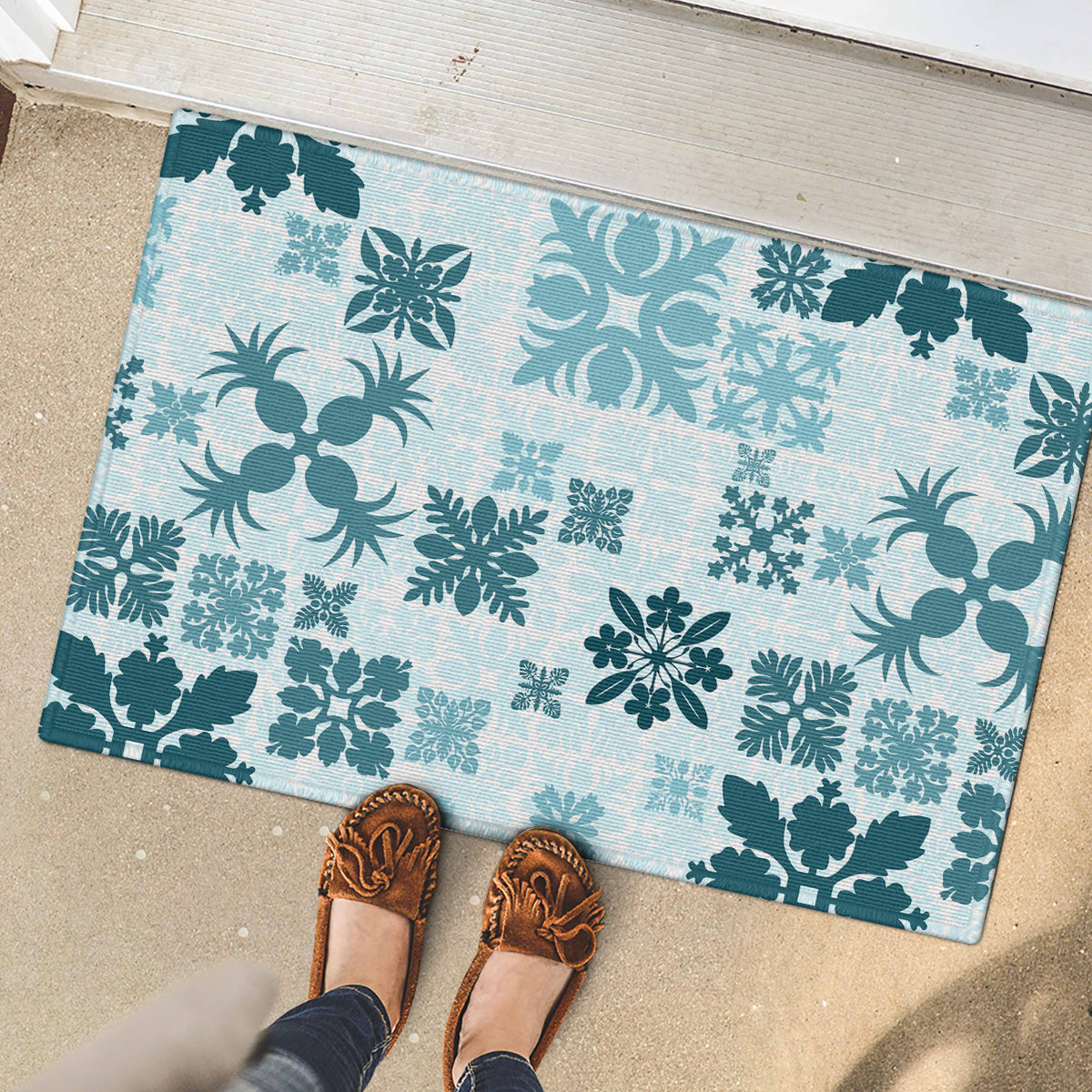 Vintage Hawaii Rubber Doormat Hawaiian Quilt Kapa Mismatch Teal LT7 - Polynesian Pride