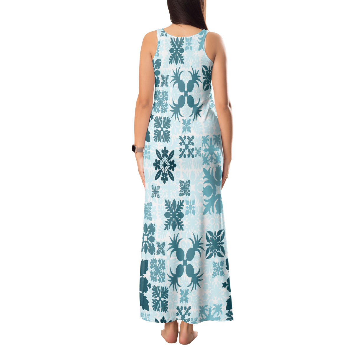 Vintage Hawaii Tank Maxi Dress Hawaiian Quilt Kapa Mismatch Teal LT7 - Polynesian Pride