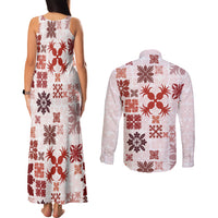 Vintage Hawaii Couples Matching Tank Maxi Dress and Long Sleeve Button Shirts Hawaiian Quilt Kapa Mismatch Red LT7 - Polynesian Pride