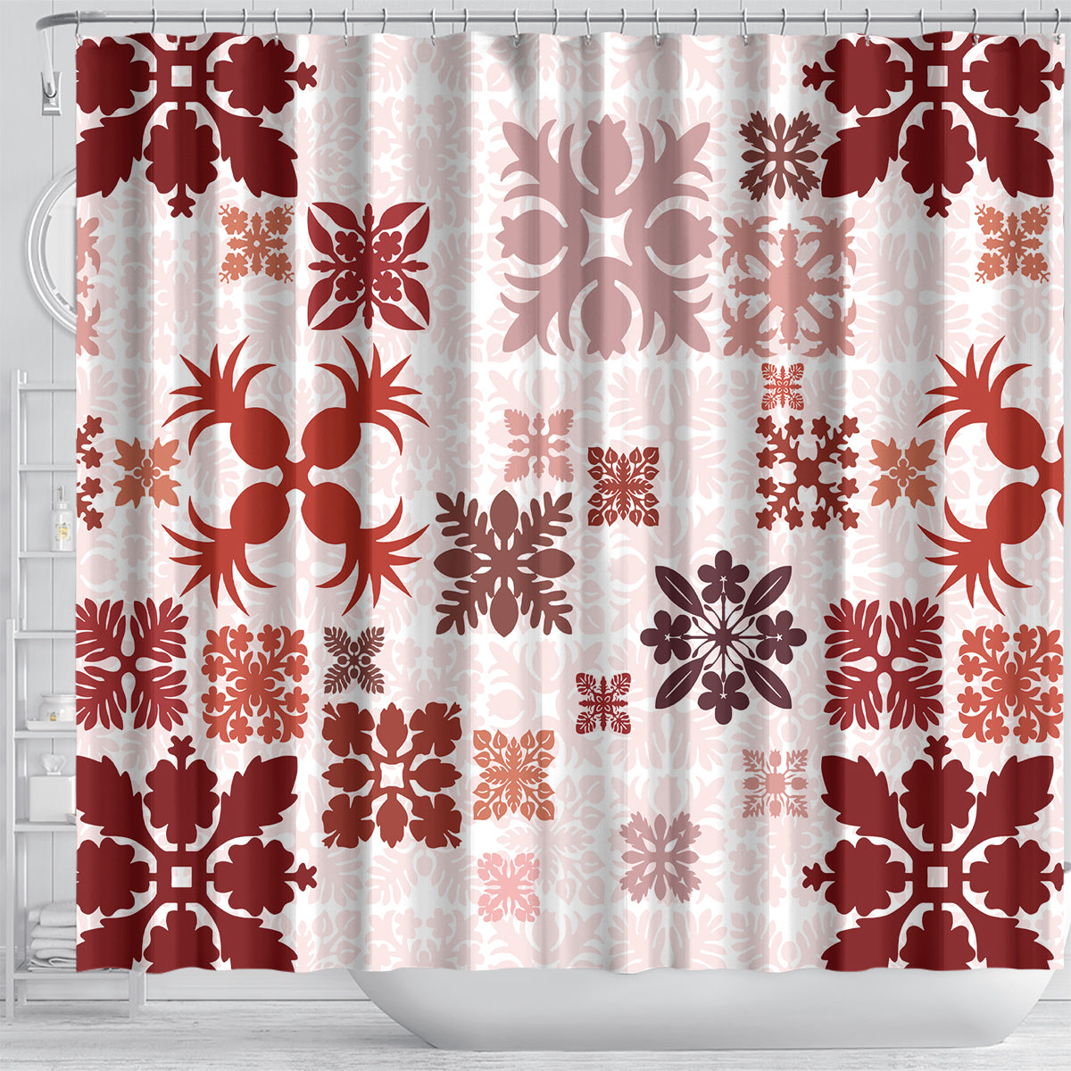 Vintage Hawaii Shower Curtain Hawaiian Quilt Kapa Mismatch Red LT7 - Polynesian Pride