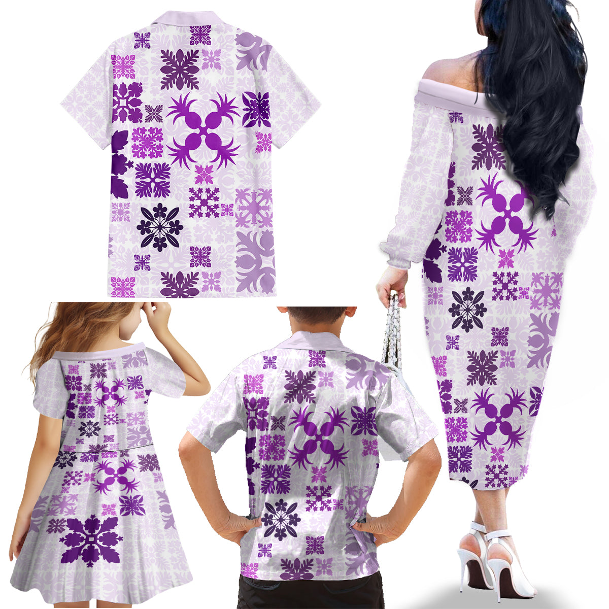 Vintage Hawaii Family Matching Off Shoulder Long Sleeve Dress and Hawaiian Shirt Hawaiian Quilt Kapa Mismatch Purple LT7 - Polynesian Pride