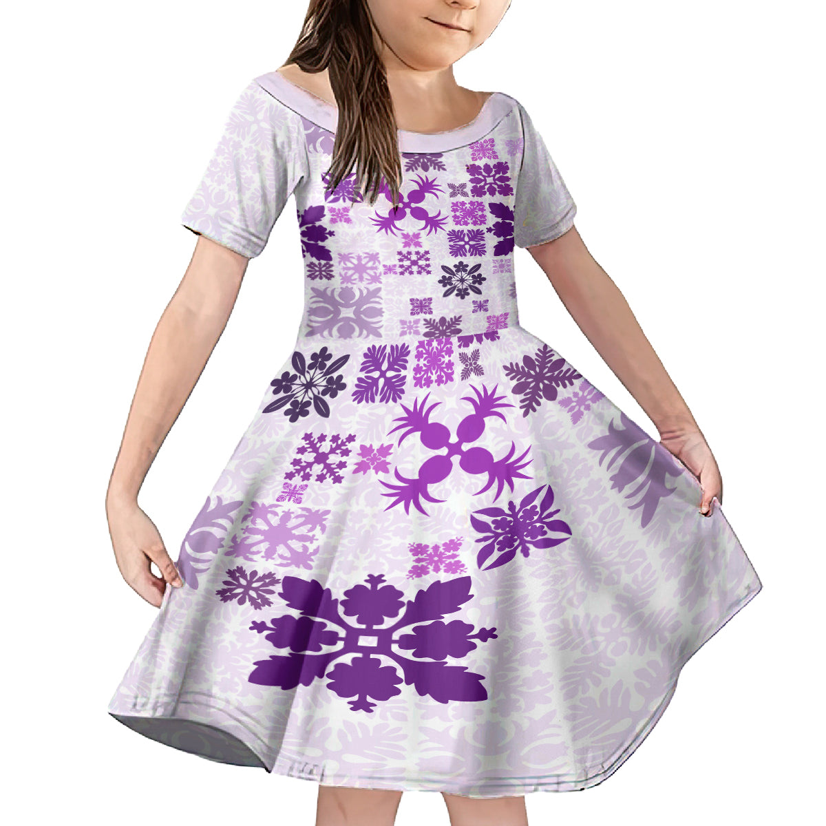 Vintage Hawaii Family Matching Off Shoulder Short Dress and Hawaiian Shirt Hawaiian Quilt Kapa Mismatch Purple LT7 Daughter's Dress Purple - Polynesian Pride