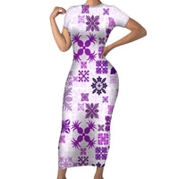Vintage Hawaii Family Matching Short Sleeve Bodycon Dress and Hawaiian Shirt Hawaiian Quilt Kapa Mismatch Purple LT7 Mom's Dress Purple - Polynesian Pride