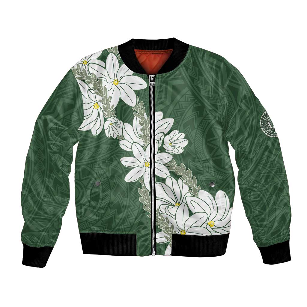 Ia Orana Tahiti Tiare Bomber Jacket Sage Green Lei - Polynesian Pride