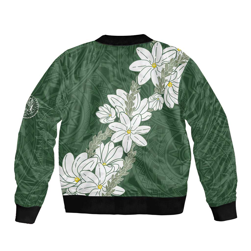Ia Orana Tahiti Tiare Bomber Jacket Sage Green Lei - Polynesian Pride