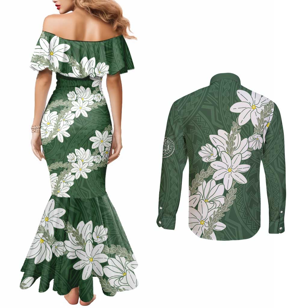 Ia Orana Tahiti Tiare Couples Matching Mermaid Dress and Long Sleeve Button Shirt Sage Green Lei LT7 - Polynesian Pride