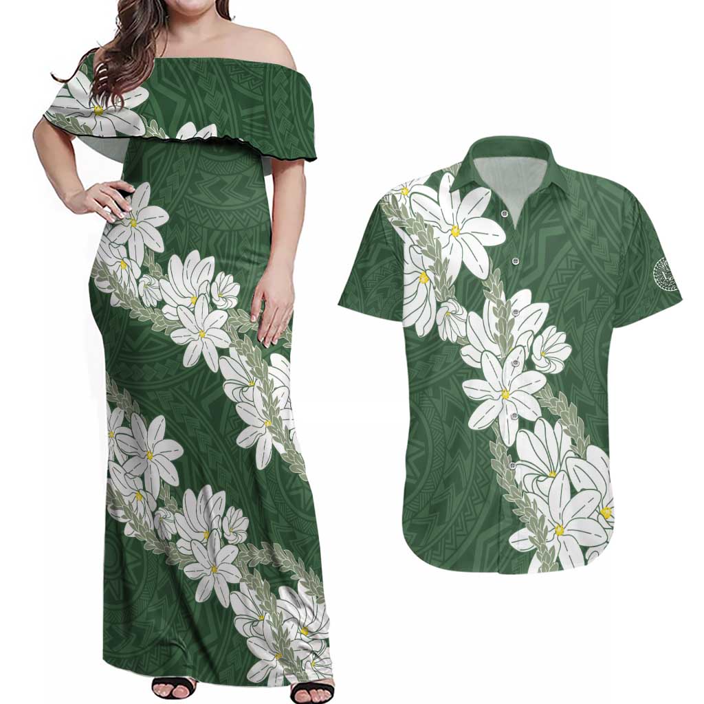 Ia Orana Tahiti Tiare Couples Matching Off Shoulder Maxi Dress and Hawaiian Shirt Sage Green Lei LT7 Sage Green - Polynesian Pride