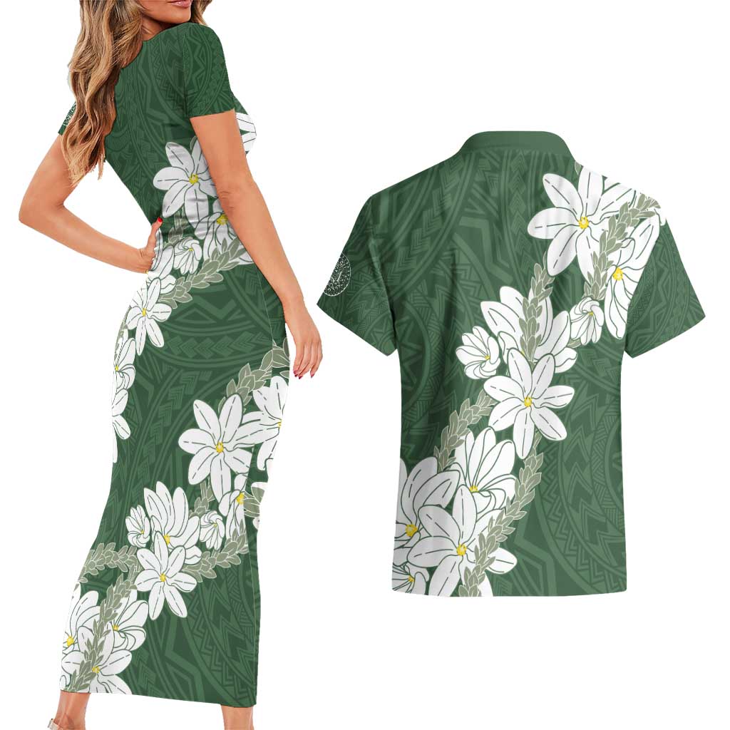 Ia Orana Tahiti Tiare Couples Matching Short Sleeve Bodycon Dress and Hawaiian Shirt Sage Green Lei LT7 - Polynesian Pride