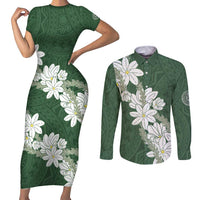 Ia Orana Tahiti Tiare Couples Matching Short Sleeve Bodycon Dress and Long Sleeve Button Shirt Sage Green Lei LT7 Sage Green - Polynesian Pride
